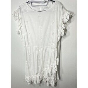 New York & Company Dress Sz L White Ruffled Eyelet Floral Tie Belt Lined Cotton